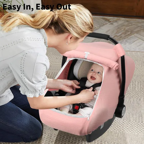 Miniatura 7 de Rquite Funda de asiento de automóvil para bebé, fundas de asiento de automóvil para niña y niño, algodón muselina transpirable, ventana de malla Rosa