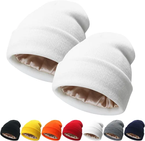Miniatura 32 de NPQQUAN 2 PCS Satin Lined Beanie for Women Silk Lined Beanies Winter Warm Soft Lining Cuffed Knit Beanie Hats for Women