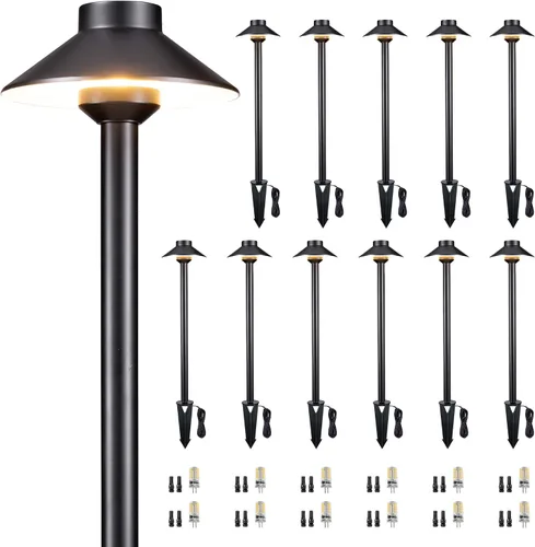 Miniatura 24 de Gardenreet Luces de camino de latón para exteriores, iluminación de camino de paisaje de bajo voltaje con cable, luz LED de pasarela de 12 V