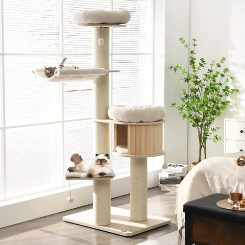 Miniatura 10 de Tangkula Árbol moderno para gatos, torre grande de varios niveles con condominio, hamacas y cesta colgante, árbol alto para gatos con postes