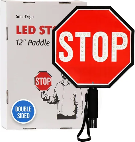 SmartSign Paleta de Alto LED de 12 pulgadas, batería recargable y cargador, letrero de aluminio reflectante de mano de 2 lados con correa, modos de