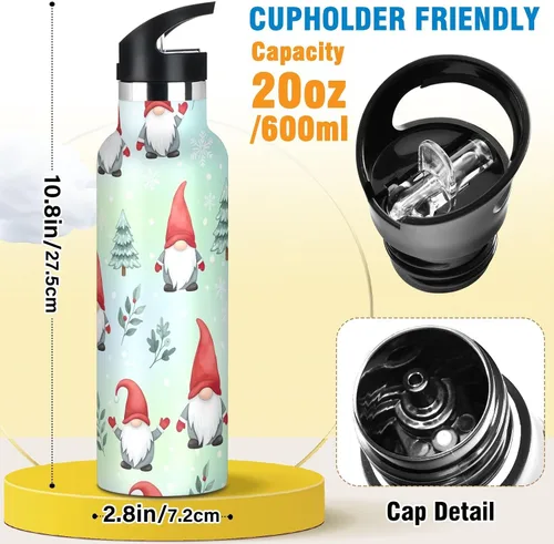 Miniatura 2 de Kids Water Bottle for School 20 Oz Water Bottle Insulated for Boys Girls, BPA-Free, Gnomes Red Hats