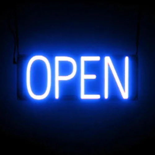 SpellBrite Letrero abierto para negocios | Señalización abierta con aspecto neón, fuente de luz LED azul | 16.5 x 6.3 pulgadas