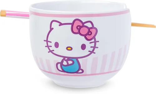 Miniatura 28 de Silver Buffalo Sanrio Hello Kitty Tazón de cerámica para ramen y arroz con diseño de flores, con palillos, apto para microondas, 20 onzas