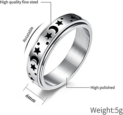 Miniatura 3 de DRUTORE Anillos de acero inoxidable para mujeres y hombres, anillos de ansiedad con flores de luna, estrellas y flores, antiestrés, anillos