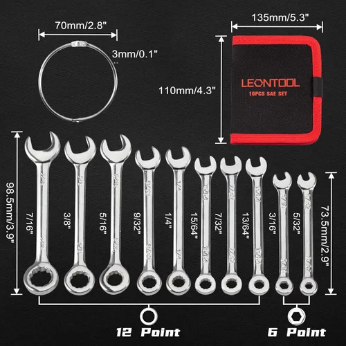Miniatura 6 de Juego de mini llaves SAE, 10 piezas, acabado cromado resistente al óxido, ideal para automóviles, industriales, hogar, pasatiempos, color plateado