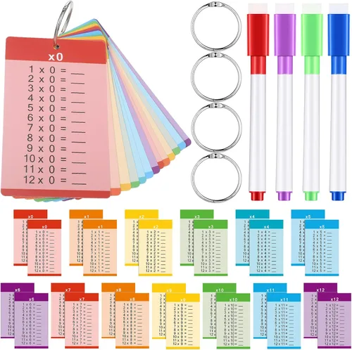 Geyee 52 tarjetas de multiplicación para niños de 1er a 3er grado con 4 marcadores de borrado en seco y juego de 4 anillos, tarjetas de matemáticas,