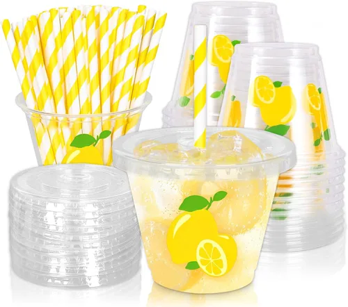 Miniatura 8 de Whaline 100 vasos de plástico desechables estilo bohemio de 9 onzas con tapas y pajitas, lindos vasos de bebida fría con sol amarillo para café
