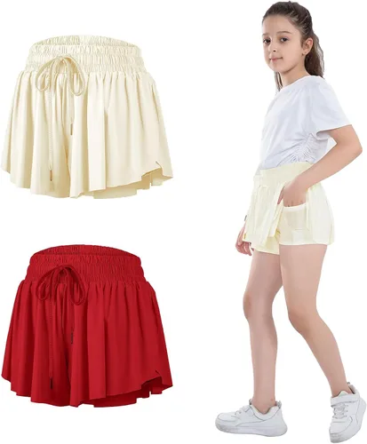 Paquete de 3 pantalones cortos fluidos para niñas con bolsillos, 2 en 1, faldas de mariposa fluidas para jóvenes, pantalones cortos para correr,