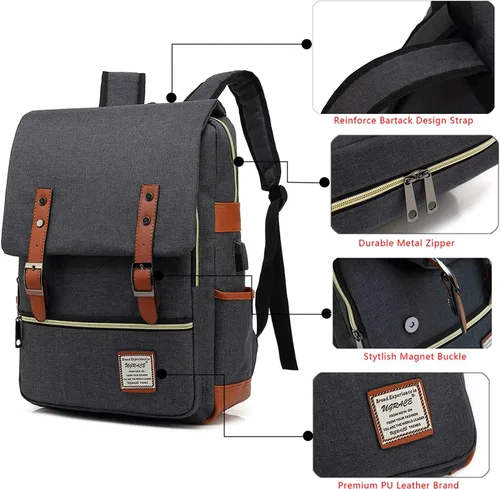 Miniatura 4 de UGRACE - Mochila vintage para portátil con puerto de carga USB, elegante mochila de viaje resistente al agua, mochilas casuales para hombres y Negro