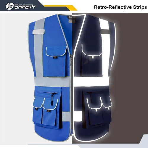 Miniatura 2 de JKSafety Chaleco de seguridad de color azul con 10 bolsillos y cremallera frontal con tiras altamente reflectantes que cumple con las normas