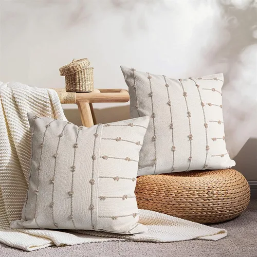 Miniatura 5 de AELS Juego de 2 fundas de almohada decorativas de lino bohemio de 18 x 18 pulgadas, fundas de almohada modernas con textura de granja, funda de Caqui