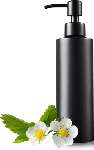 Dispensador de jabón, negro mate con embudo y posavasos antideslizante, acero inoxidable 304, botella desinfectante de manos para baño y cocina (12