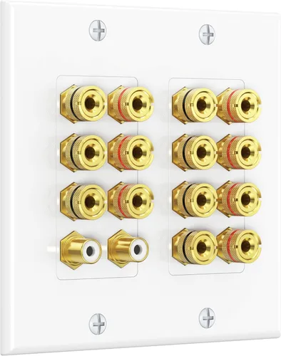 Miniatura 12 de Cable Matters Paquete de 2 placas de pared de alambre para altavoz, placa de pared de altavoz chapada en oro con poste de encuadernación de enchufe