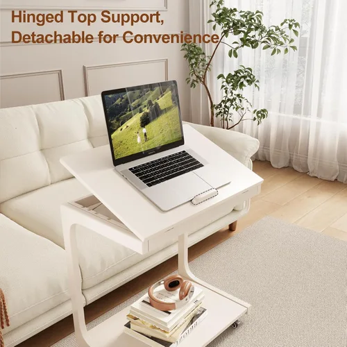 Miniatura 3 de AQIMUELE Mesa auxiliar de madera en forma de C, escritorio de sofá con 2 ruedas con cerradura, mesa de sofá de 4 niveles con bolsa de Natural