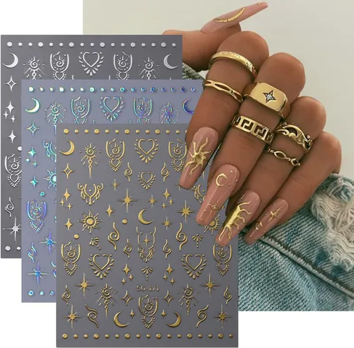 Miniatura 2 de Calcomanías de uñas de estrella de luna, calcomanías de arte autoadhesivas 3D, calcomanías de diseño de estrellas y sol, suministros de oro láser