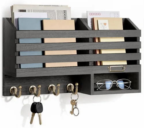 Miniatura 10 de FifthQuarter Organizador de llaves y correo para pared, organizador de correo con montaje en pared con 6 ganchos y cajón de almacenamiento, estante