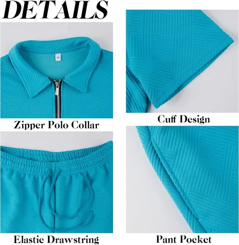 Miniatura 5 de Aulemen Conjunto deportivo de 2 piezas con cremallera para hombre, manga corta, camiseta polo y pantalones cortos, conjuntos de verano para hombre