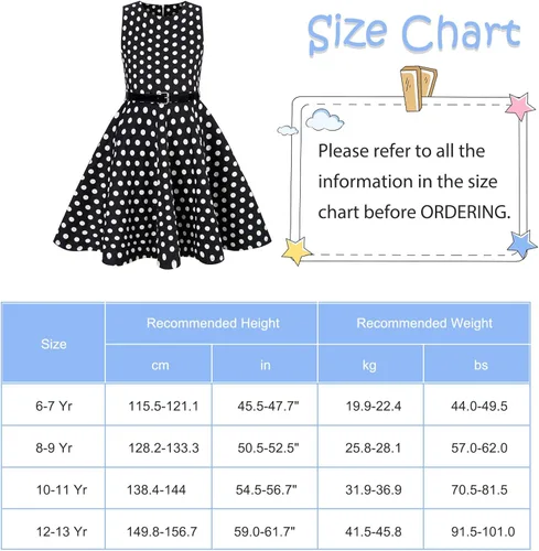 Miniatura 6 de Funnycokid Vestidos de los años 50 para niñas, vestido retro vintage, sin mangas, traje de fiesta con cinturón para niños de 6 a 13 años