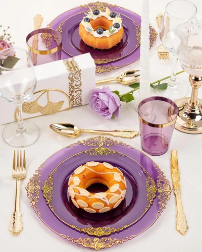 Miniatura 6 de Nervure Juego de 175 platos de plástico morado transparente, juego de platos de fiesta morados para 25 invitados, incluye 25 platos de cena, 25
