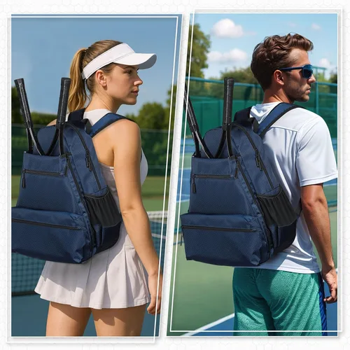 Miniatura 6 de Mochila de tenis para raquetas, bolsa de tenis impermeable con compartimento para zapatos, bolsillo húmedo/seco, gancho para cerca, para tenis, Azul