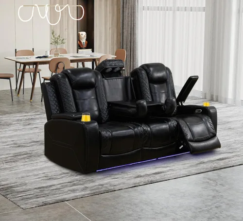 Miniatura 42 de Juego de 3 piezas para sala de estar, sofá reclinable eléctrico de cuero con puertos USB, iluminación LED y portavasos, asientos de cine en casa