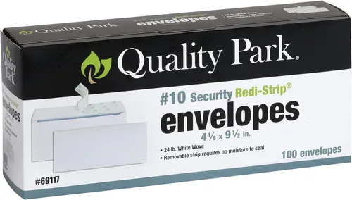 Quality Park Sobres de seguridad #10, sin ventana, sobres autoadhesivos con tira lista para quitar, 24 lb de color blanco, 4-1/8" x 9-1/2", 100 por