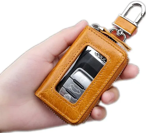 Miniatura 2 de BAKUN Mini funda de cuero premium para llaves de coche, llavero inteligente para coche, cartera con cremallera para llavero remoto Marrón claro