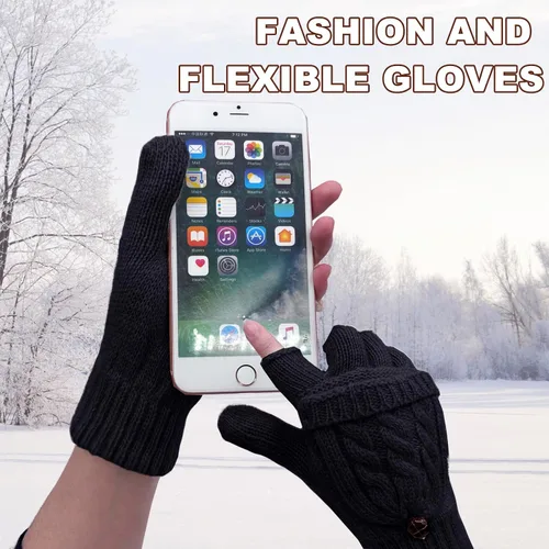 Miniatura 4 de Beurlike Guantes de invierno para mujer, de lana cálida, a prueba de viento, convertibles, sin dedos