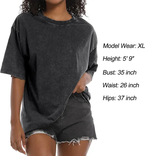 Miniatura 2 de Camisetas de gran tamaño para mujer, estilo vintage, lavado ácido, básicas, holgadas, holgadas, camisetas de algodón para entrenamiento