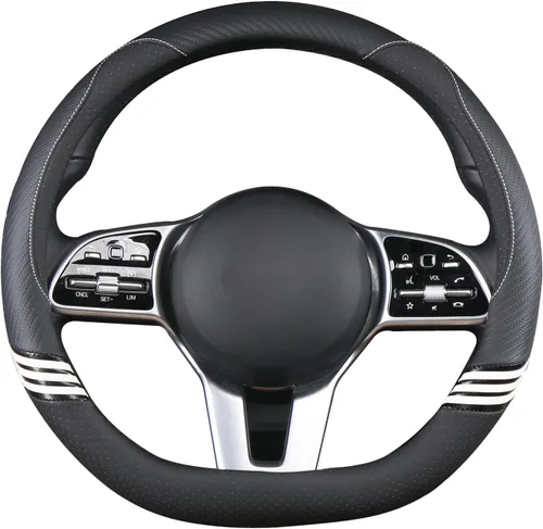 Miniatura 4 de Funda para volante de 14 pulgadas, linda, en forma de D, para mujeres y hombres, de cuero sintético y fibra de carbono, negra