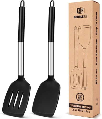 Paquete de 2 espátulas de cocina de silicona sólidas, antiadherentes, utensilios de cocina sin BPA, resistentes al calor, utensilios de cocina Negro