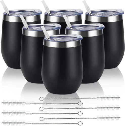 Miniatura 19 de Paquete de 12 vasos de vino de acero inoxidable, 12 onzas, doble pared, aislados al vacío, con tapas y pajitas, copas de vino sin tallo de acero Oro