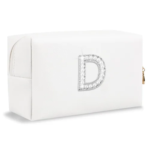 Miniatura 24 de Pequeña bolsa de maquillaje personalizada con inicial A-Z Preppy Patch, bolsa de cosméticos de viaje de felpilla blanca con cremallera, bonita bolsa