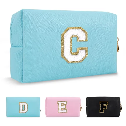 Miniatura 155 de Pequeña bolsa de maquillaje personalizada con inicial A-Z Preppy Patch, bolsa de cosméticos de viaje de felpilla blanca con cremallera, bonita bolsa