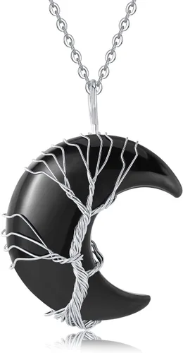 XIANNVXI Collares para mujer, collar con colgante de luna creciente, collar de árbol de la vida, collar de cristal envuelto en alambre, piedras