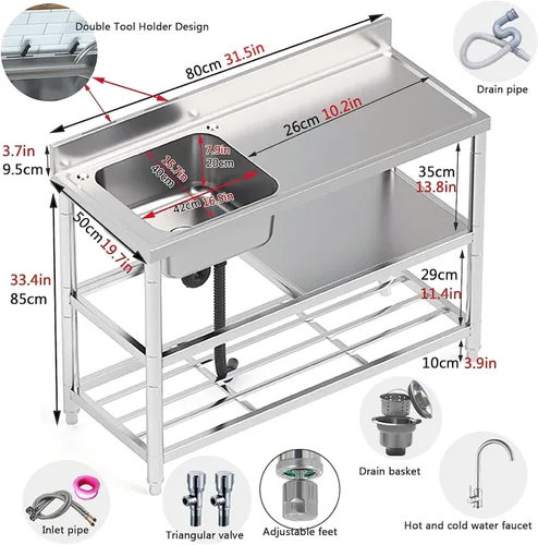 Miniatura 8 de NYCDA Fregadero comercial independiente, fregadero de acero inoxidable para exteriores, juego de fregadero de cocina de un solo tazón