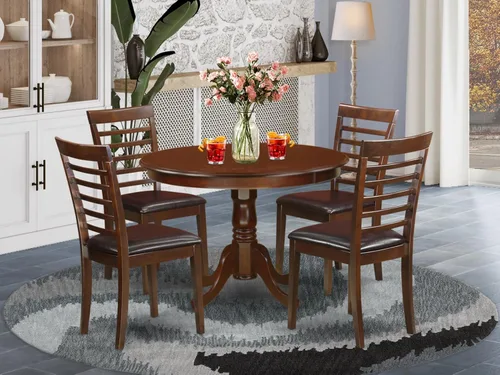 Miniatura 2 de East West Furniture HLML5-MAH-LC - Juego de mesa de comedor de 5 piezas para 4 personas, incluye una mesa de cocina redonda con pedestal y 4 sillas