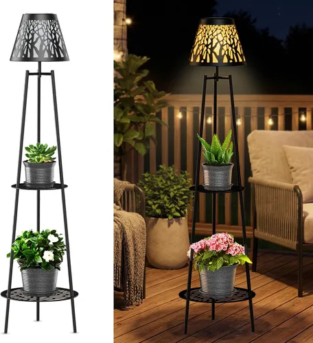 Miniatura 15 de MXwcy Lámpara de pie solar con soportes para plantas, luces solares para exteriores con bombillas LED Edison vintage, luces de jardín resistentes a