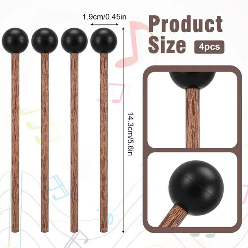 Miniatura 5 de 4 mazos pequeños de tambor de lengua de acero, mazos de tambor de goma negra de 5.9 pulgadas para xilófono, instrumentos musicales, mazo, mango