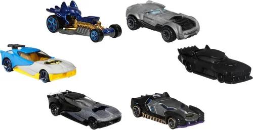 Hot Wheels Paquete de 6 autos de juguete, juego de 6 vehículos de personajes de Batman a escala 1:64, inspirados en varios personajes (los estilos