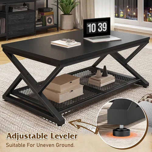 Miniatura 6 de EnHomee Mesa de Café con Almacenamiento, Mesas de Café Modernas para Sala de Estar con Estante de Malla, Mesa de Centro Rectangular de 2 Niveles