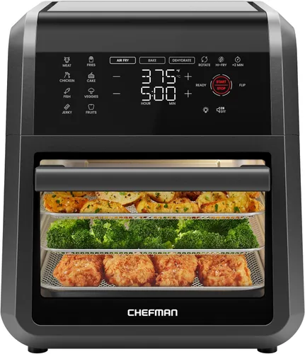 Chefman Horno freidora de aire 5 en 1 de 12 cuartos de galón con temporizador digital, pantalla táctil y 12 ajustes preestablecidos, horno de