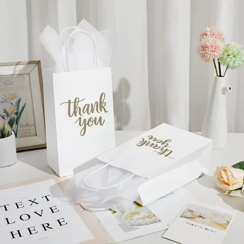 Miniatura 4 de DjinnGlory Paquete de 50 bolsas pequeñas de regalo de agradecimiento con asas, bolsas de papel blanco de 9 x 5.5 x 3.15 pulgadas con papel de seda