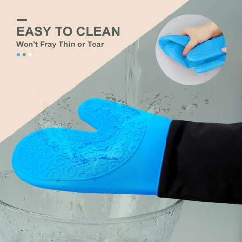 Miniatura 4 de sungwoo Guantes de horno de silicona extralargos, resistentes al calor, con forro acolchado, agarre texturizado antideslizante, perfectos para Azul
