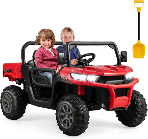 Miniatura 10 de Costzon Camión volquete con control remoto, UTV eléctrico de 12 V para niños con cama volquete eléctrica, función de balanceo, pala, 4 suspensiones