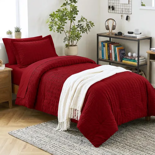 Miniatura 34 de CozyLux Juego de ropa de cama con edredón tamaño King Beige Seersucker de 7 piezas, juego de cama en una bolsa, con edredón, sábanas, fundas