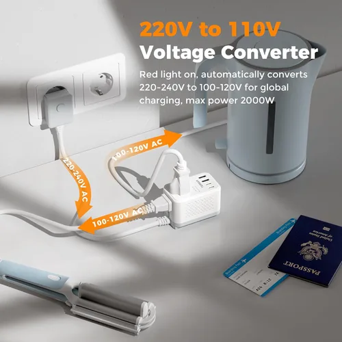 Miniatura 2 de TESSAN - Convertidor de voltaje compacto de 220 V a 110 V de EE. UU. a Europa, adaptador de viaje universal con 2 salidas de CA y 2 USB (1 USB-C)