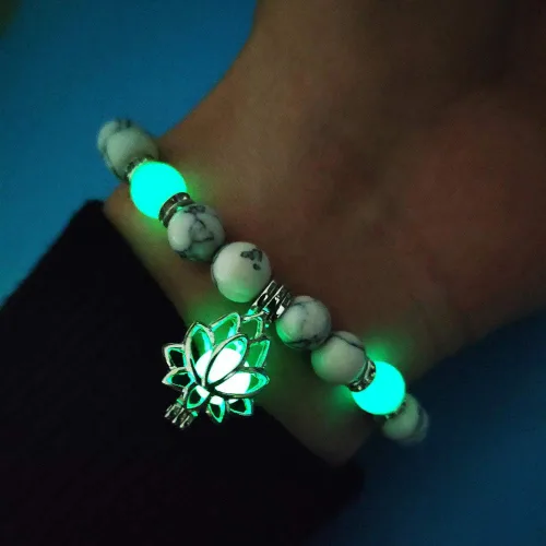 Miniatura 3 de Pulsera luminosa con forma de flor de loto que brilla en la oscuridad para mujer, piedras turquesas naturales, joyería de oración de yoga, Metal