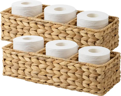 Miniatura 14 de StorageWorks Cestas de papel higiénico para estantes, cestas de mimbre de 3 secciones, cesta de inodoro para tapa de depósito, encimera, despensa